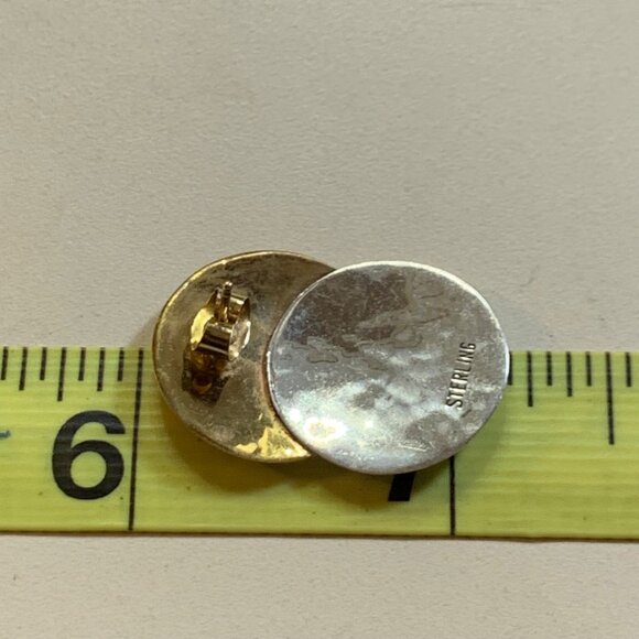 Sterling Silver 925 Round Hammered Disc Two Tone Earrings 1.25" Long - Picture 5 of 7